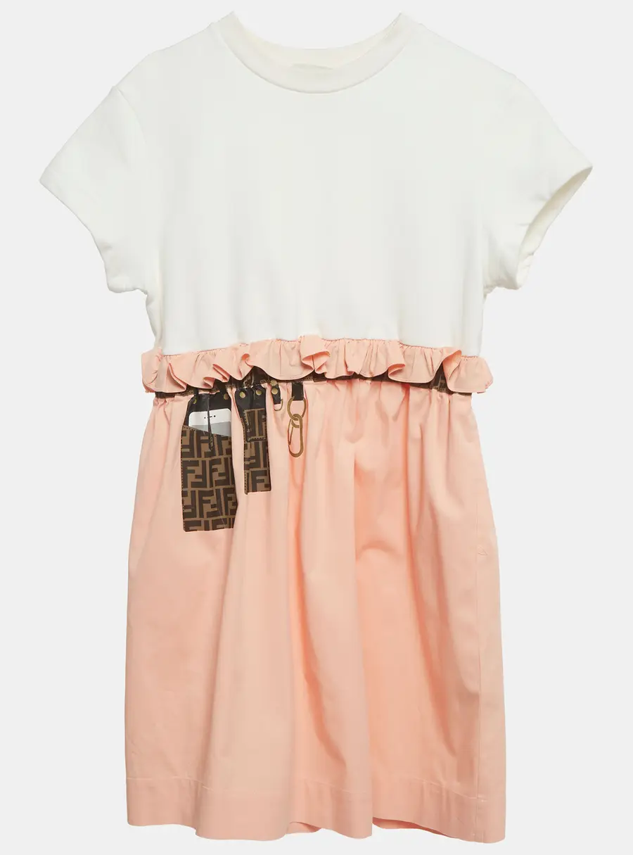 Fendi Kids White/Peach Cotton Flared Dress 12Yrs