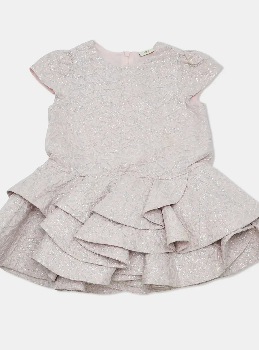 Fendi Kids Pink Lurex Jacquard Ruffled Dress 24M