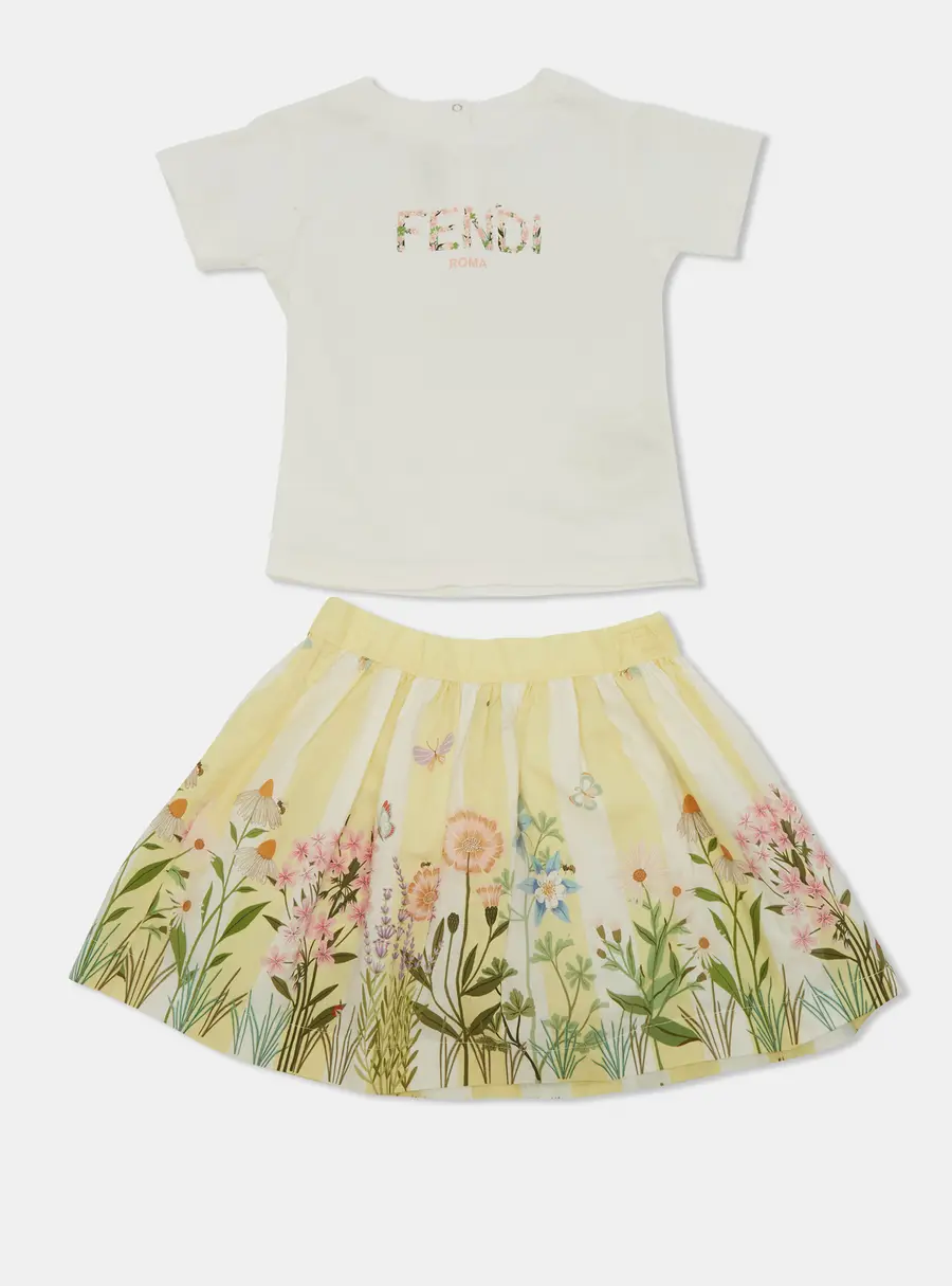 Fendi Kids White/Yellow Floral Print Jersey and Poplin T-Shirt and Skirt Set 18 M