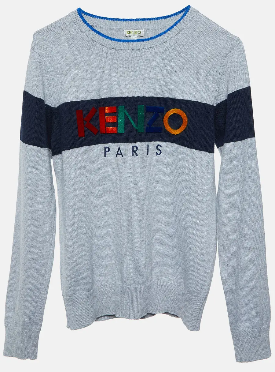 Kenzo Grey Logo Embroidered Cotton Full Sleeve Sweater 12 Yrs