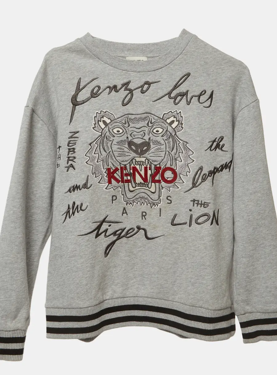 Kenzo Kids Grey Tiger Logo Embroidered Cotton Sweatshirt 12Yrs