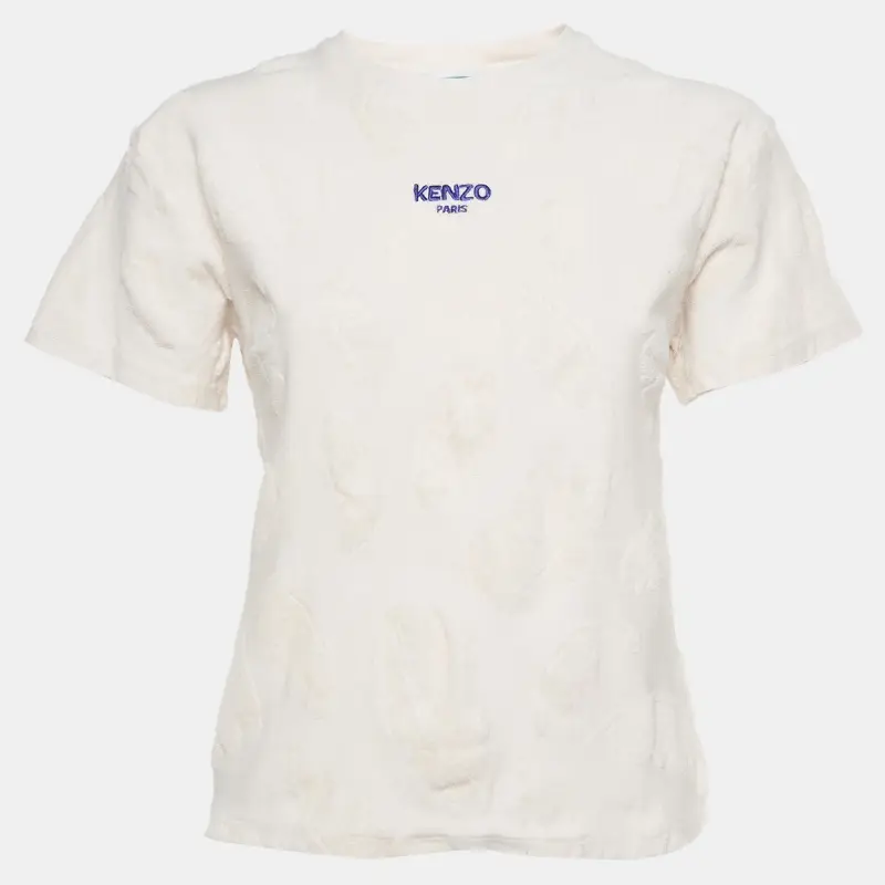 Kenzo Kids Cream Logo Embroidered Jersey and Terry Trim T-Shirt 12 Yrs