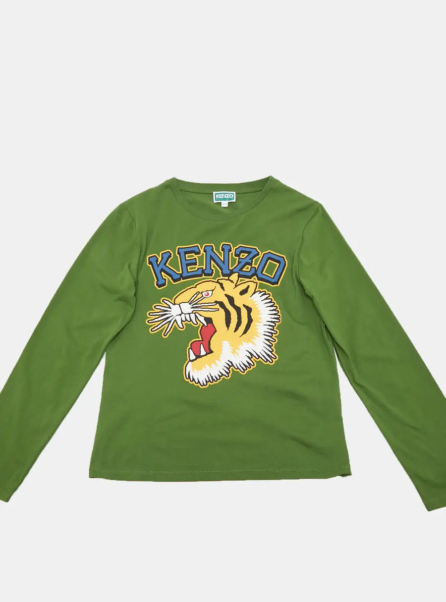 Kenzo Kids Green Tiger Logo Graphic Jersey Long Sleeve Shirt 12 Yrs