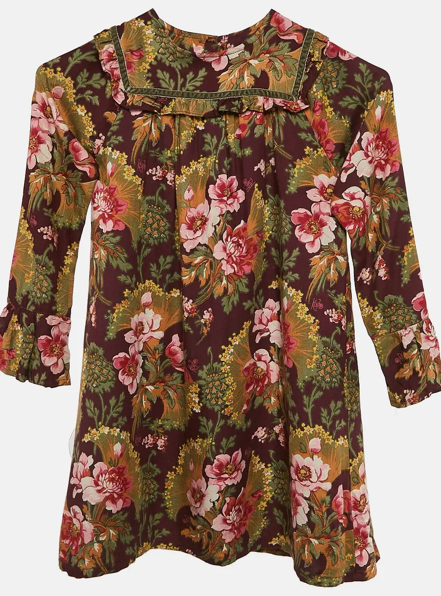 Kenzo Kids Burgundy Floral Print Crepe Ruffled Dress 6 Yrs