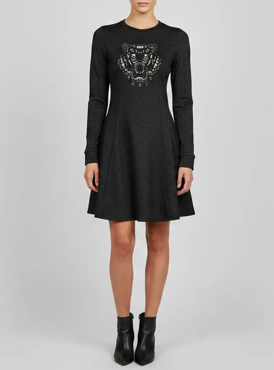 Kenzo Kids Metallic Black Tiger Embroidered Jersey Knit Dress 16 Yrs