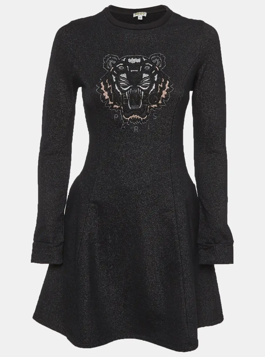 Kenzo Kids Metallic Black Tiger Embroidered Jersey Knit Dress 14 Yrs