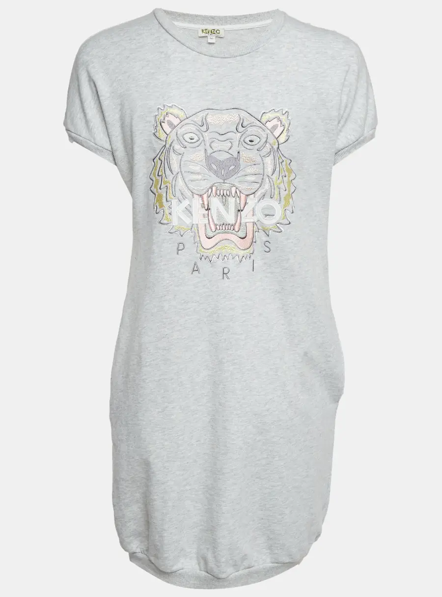 Kenzo Grey Tiger Embroidered Cotton Knit Dress 16 Years