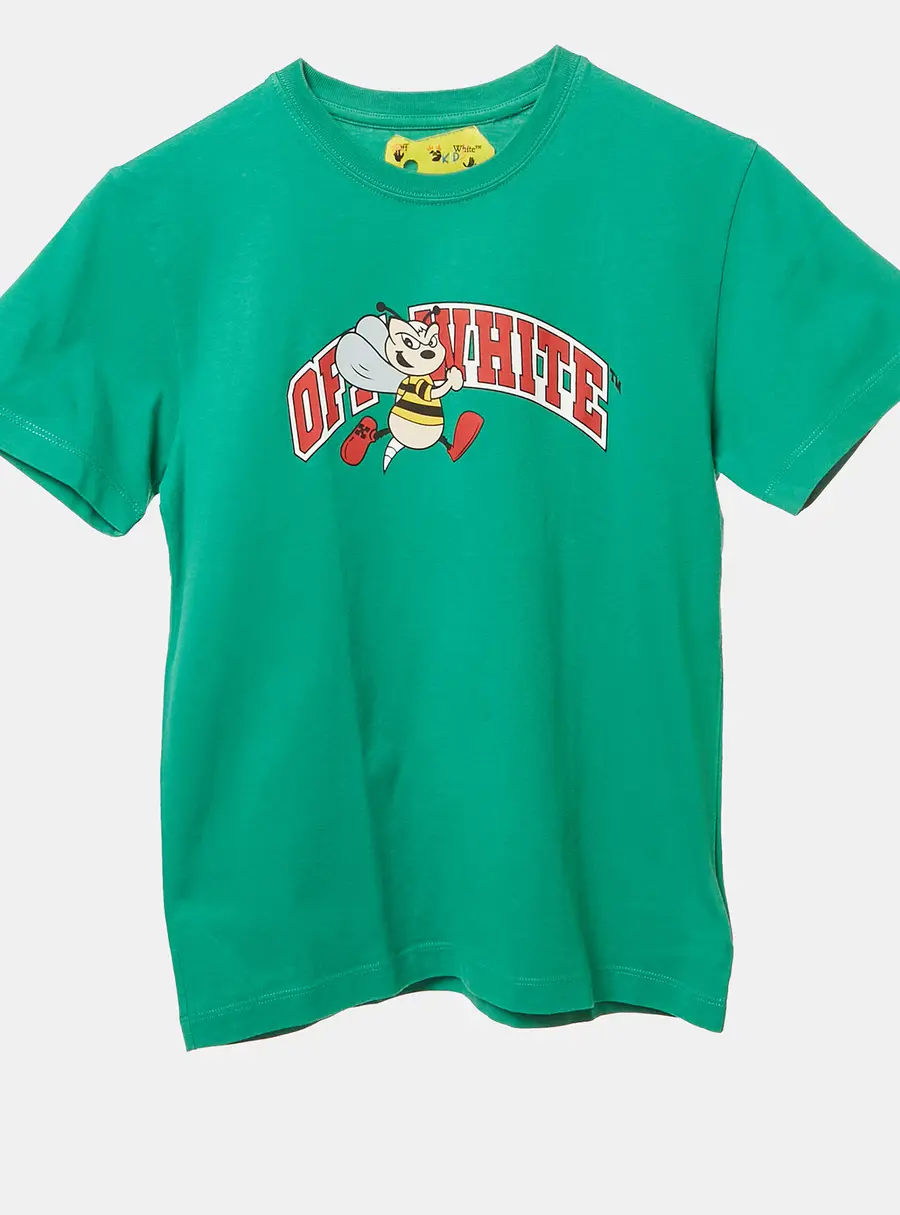 Off-White Kids Green Printed Cotton Crew Neck T-Shirt 10 Yrs