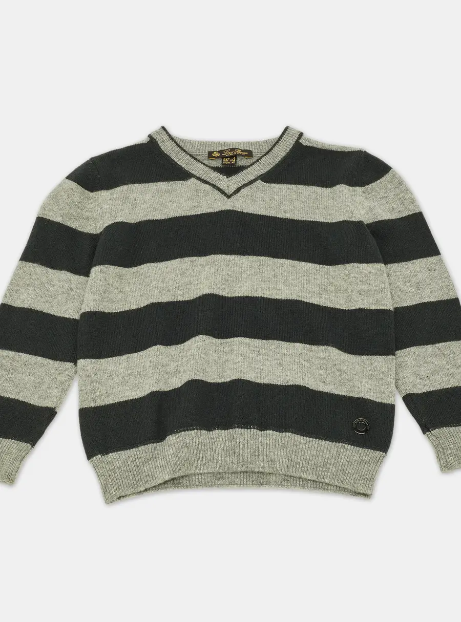 Loro Piana Green/Grey Striped Cashmere Elbow Patch Sweater 4 Yrs