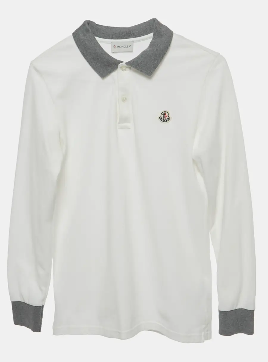 Moncler Kids White Log Applique Cotton Pique Full Sleeve Polo T-Shirt 12 Yrs