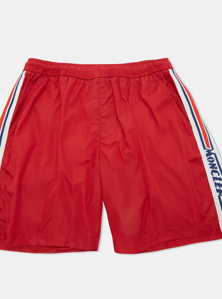 Moncler Kids Red Logo Striped Nylon Swim Shorts 8 Yrs