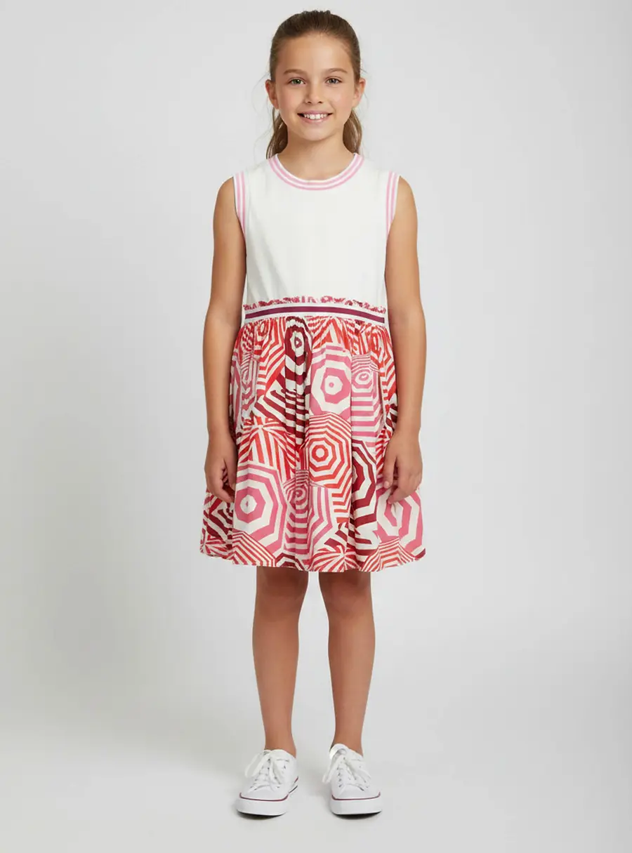 Moncler Kids Off White/Pink Umbrella Print Cotton and Jersey Sleeveless Dress 4Yrs