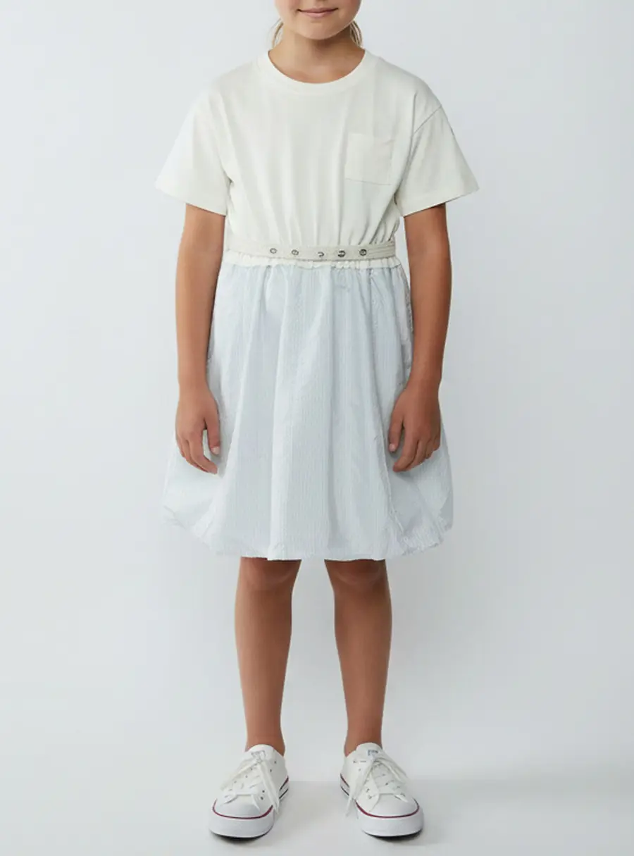 Moncler Kids Cream/Blue Nylon & Cotton Belted Dress Size 6 Yrs