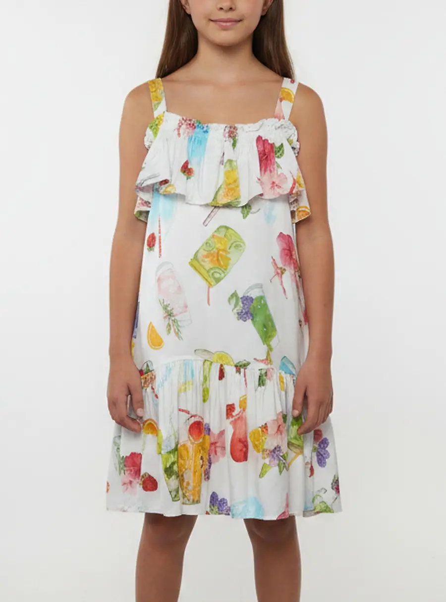 Monnalisa White Fruit Print Satin Ruffled Dress 7 Yrs