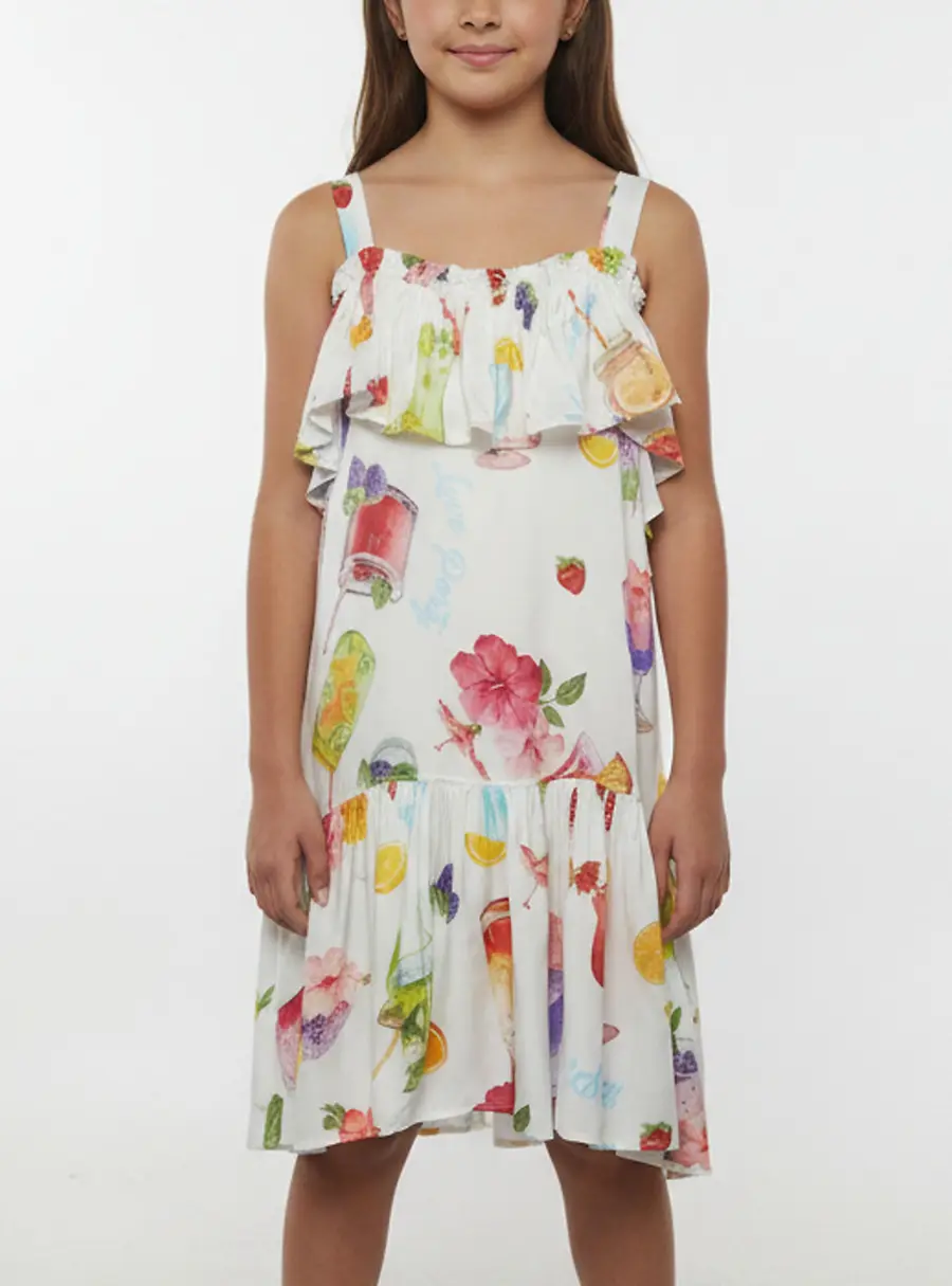 Monnalisa White Fruit Print Satin Ruffled Dress 8 Yrs