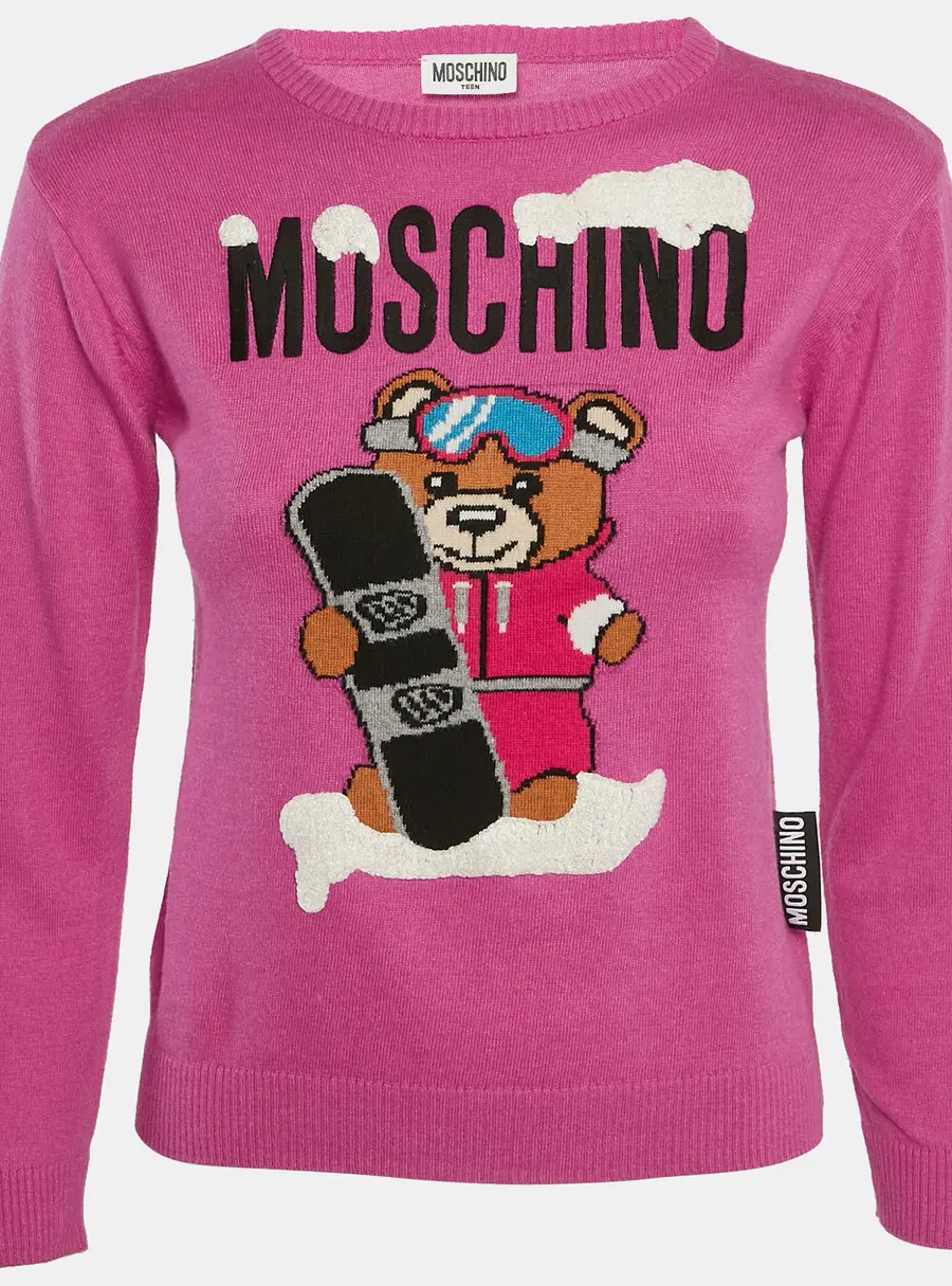 Moschino Teen Pink Bear Pattern Cotton Knit Sweater 10 Yrs
