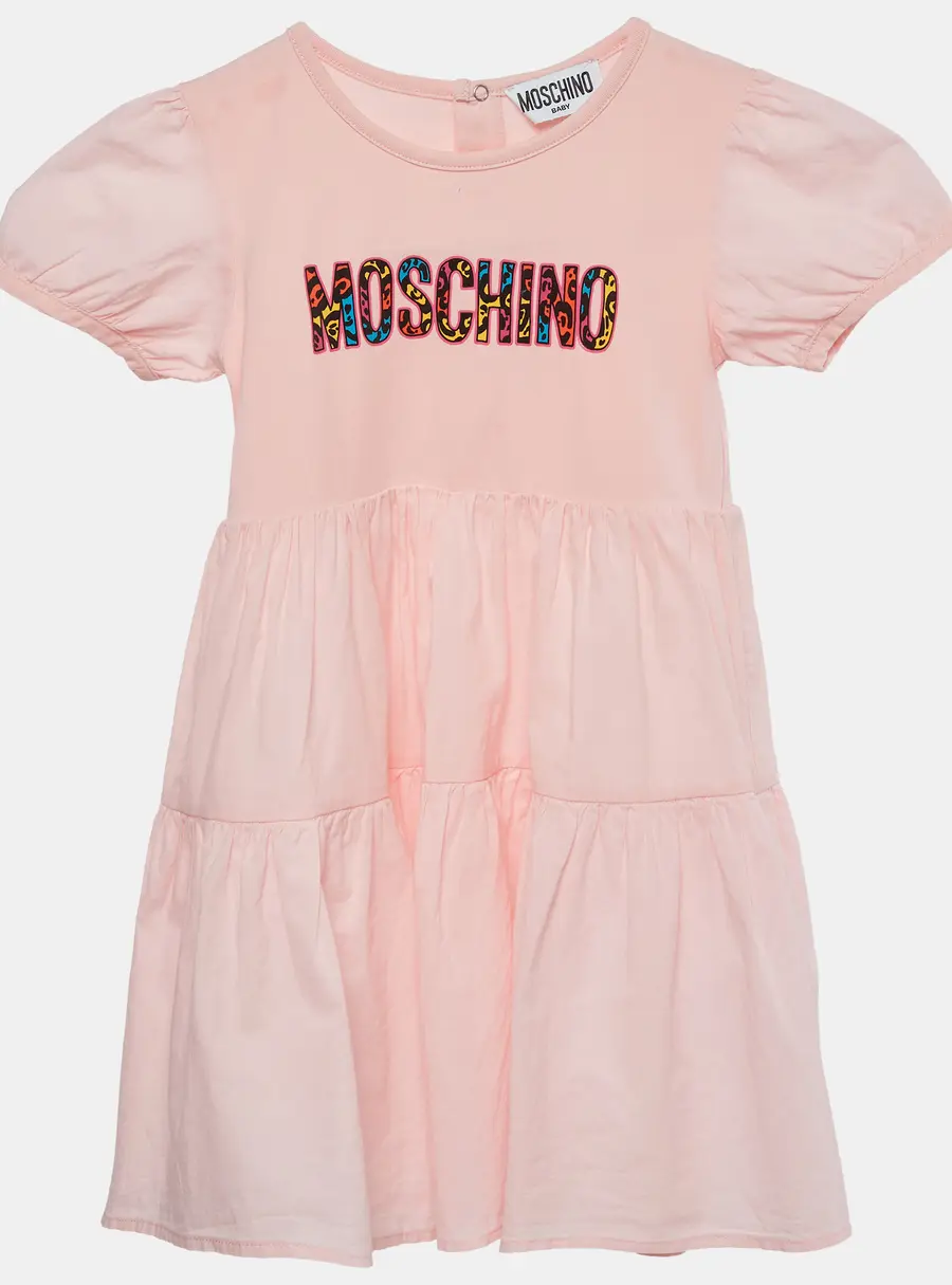 Moschino Kids Pink Logo Graphic Cotton and Jersey Tiered Dress 18-24 M