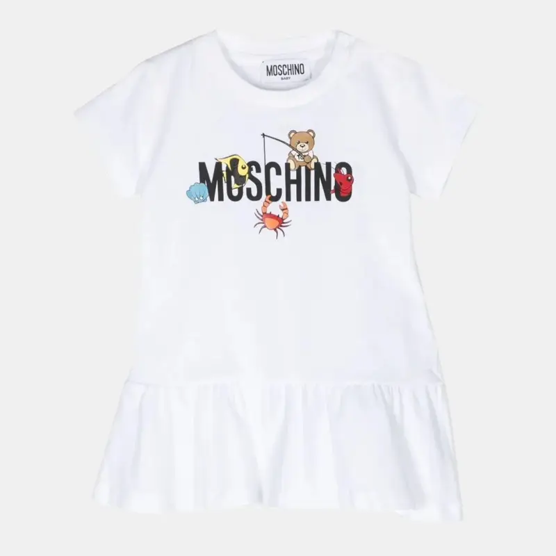 Moschino Kids White Logo Graphic Jersey Ruffled Hem Dress 2 Yrs