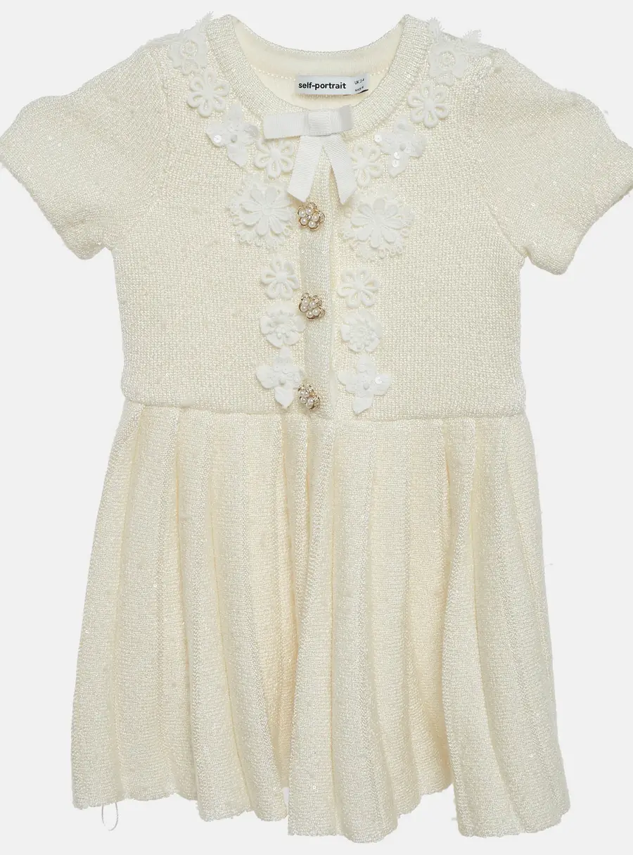 Self-Portrait Kids Cream Button Embellished Knit Pleated Dress 3-4 Yrs