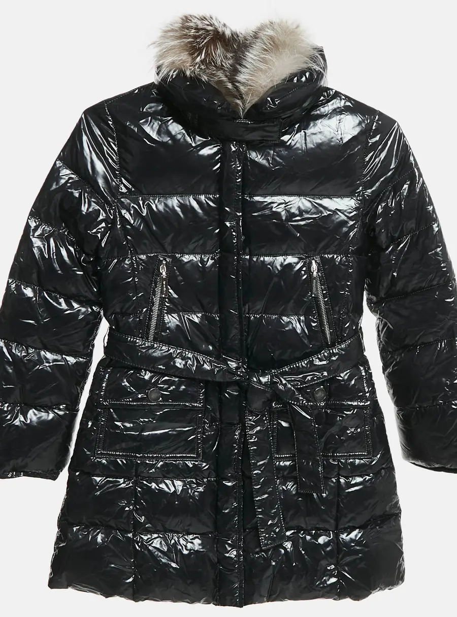 Simonetta Kids Black Nylon Detachable Fur Belted Down Jacket 8 Yrs