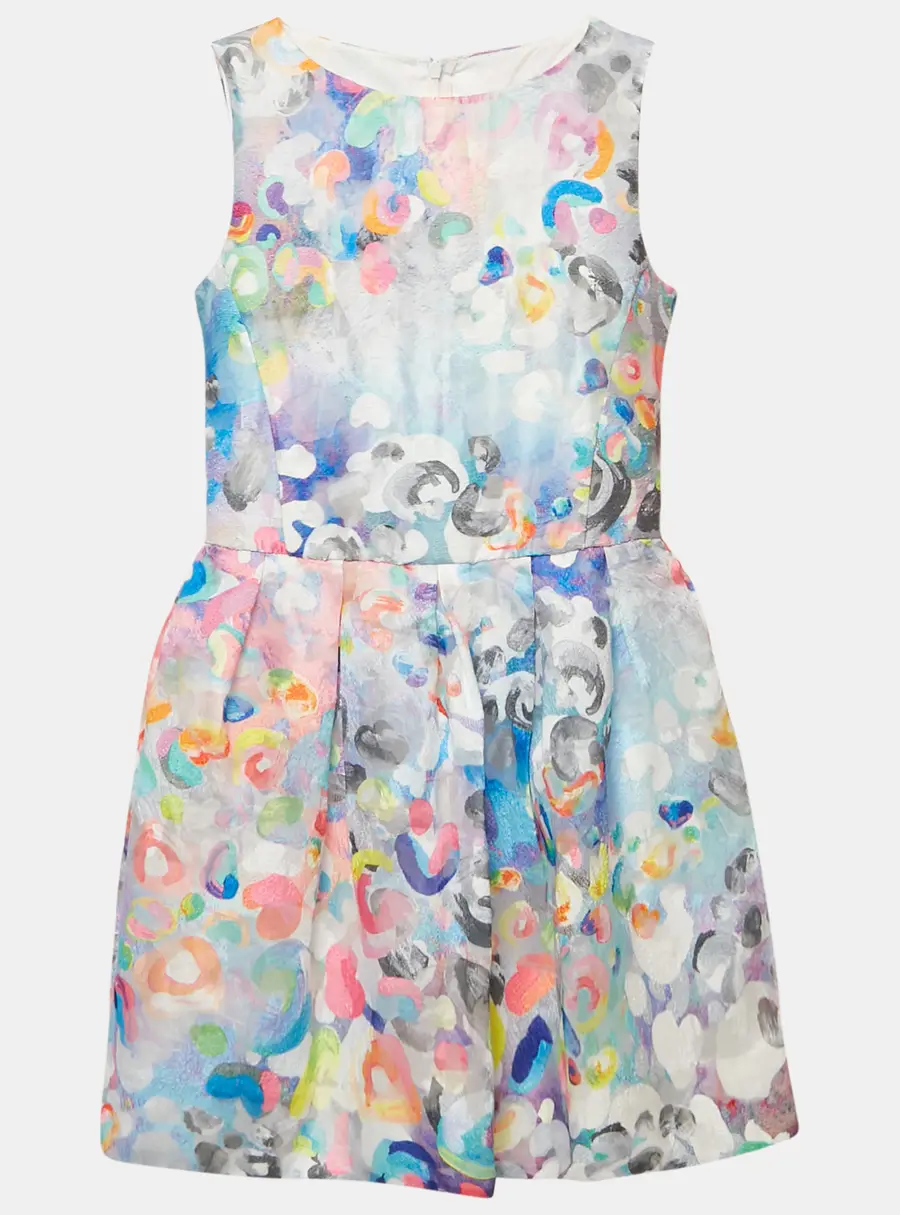 Simonetta Multicolor Abstract Print Crepe Pleated Sleeveless Dress 12 Yrs