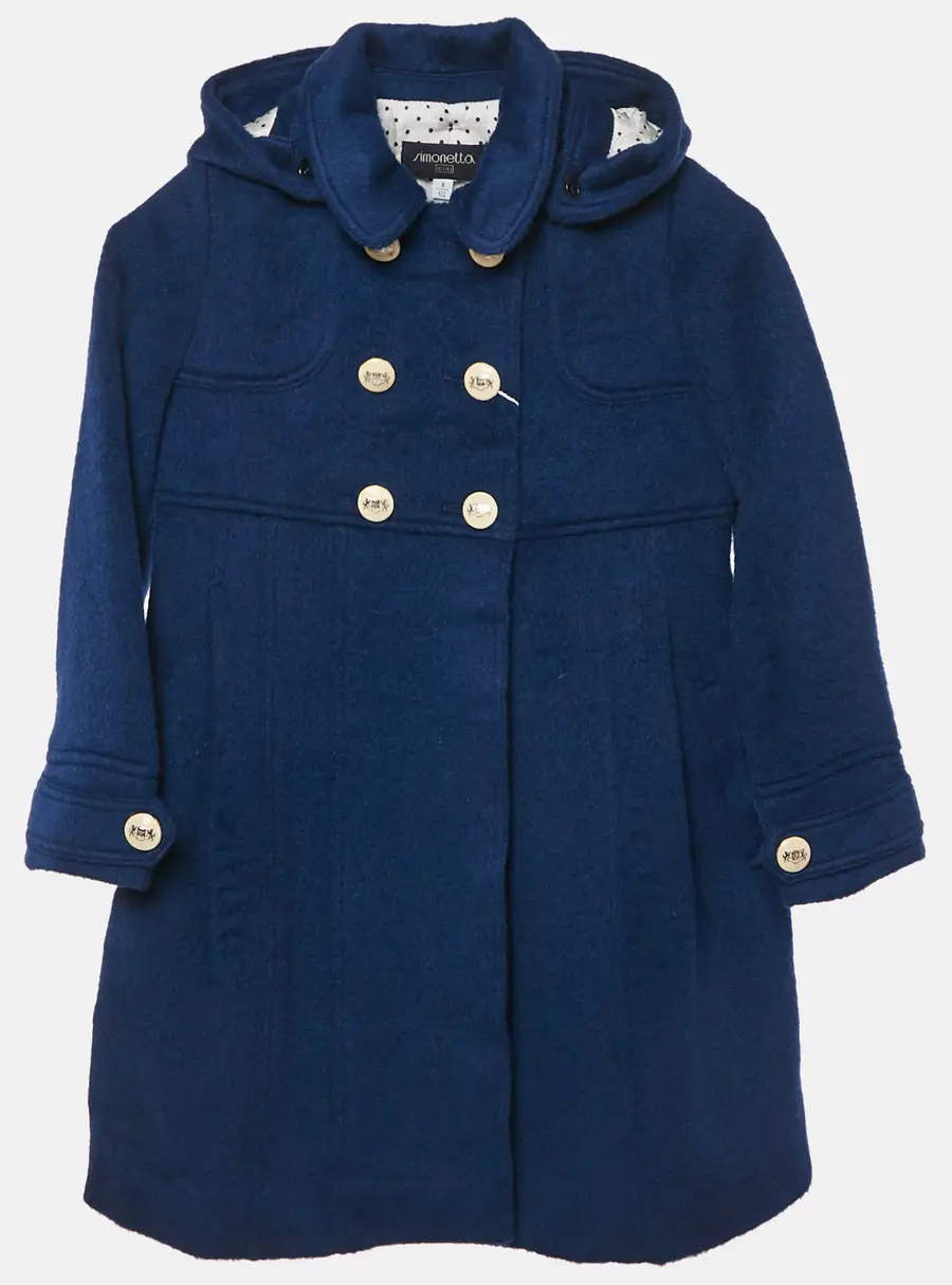 Simonetta Kids Navy Blue Wool Detachable Hood Double Breasted Coat 6 Yrs