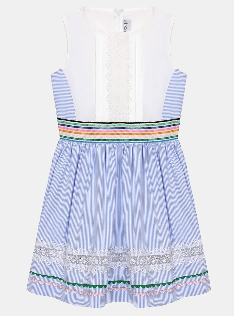 Simonetta Kids White/Blue Stripe Cotton Trimmed Sleeveless Dress 6 Yrs