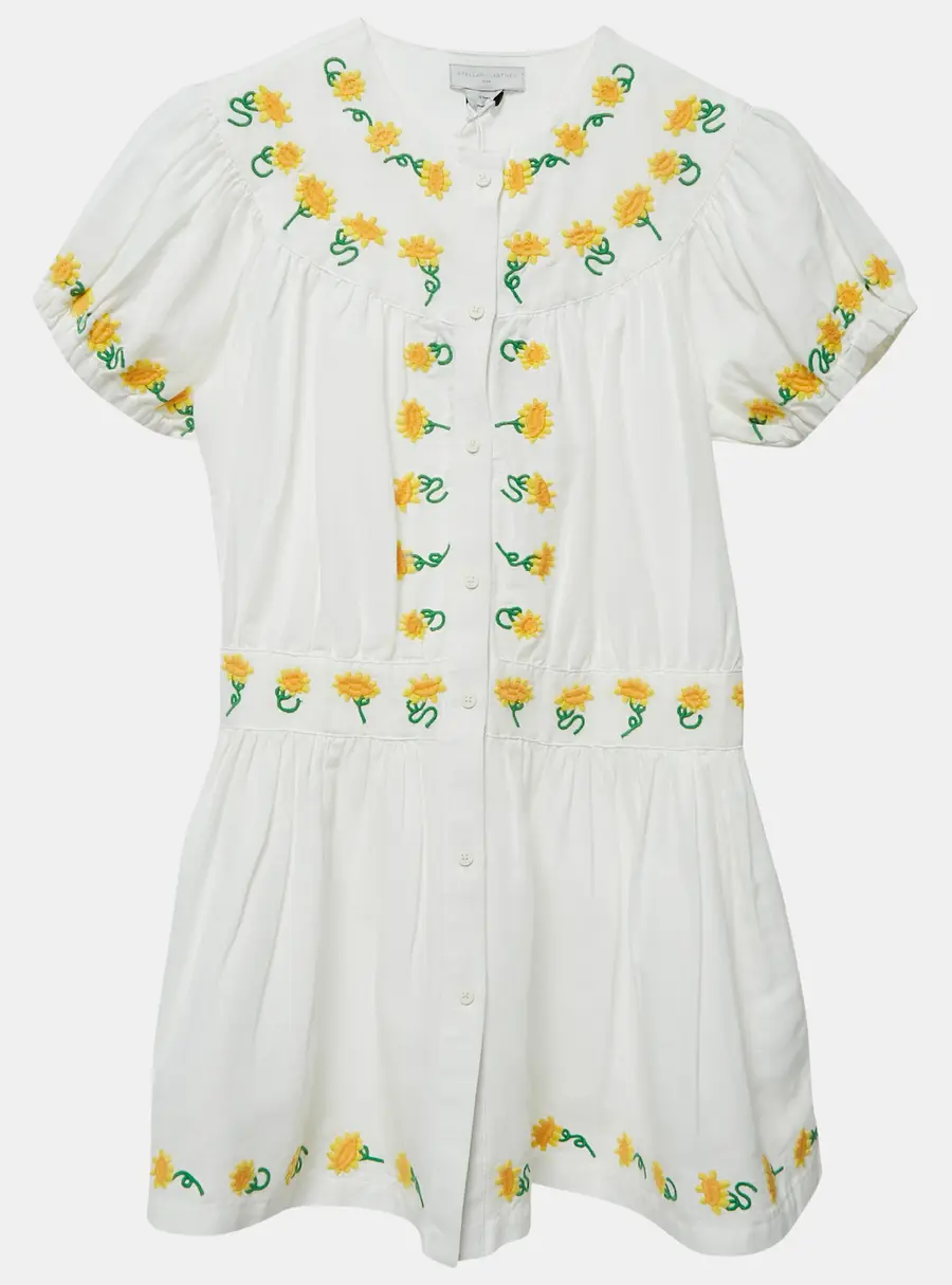 Stella McCartney Kids White Sunflower Embroidered Linen Blend Dress 12 Yrs