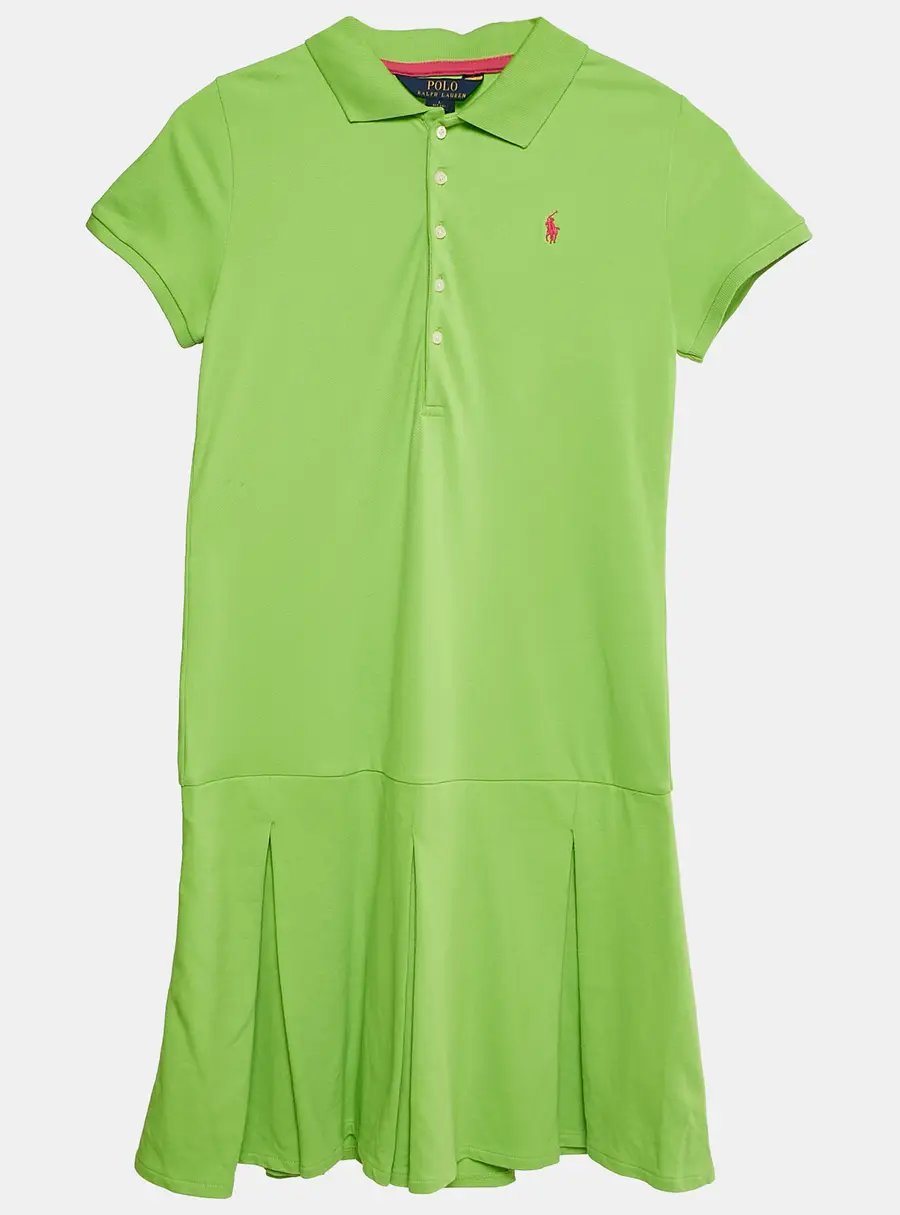 Polo Ralph Lauren Green Pique Cotton Pleated Polo Dress L 12-14 Yrs