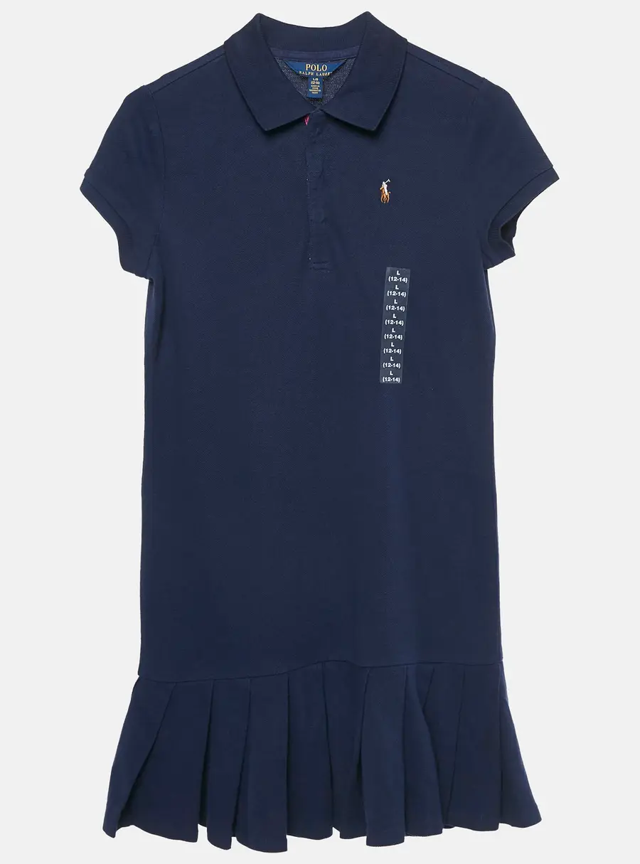 Polo Ralph Lauren Kids Blue Cotton Pique Pleated Polo Dress 12/14 Yrs