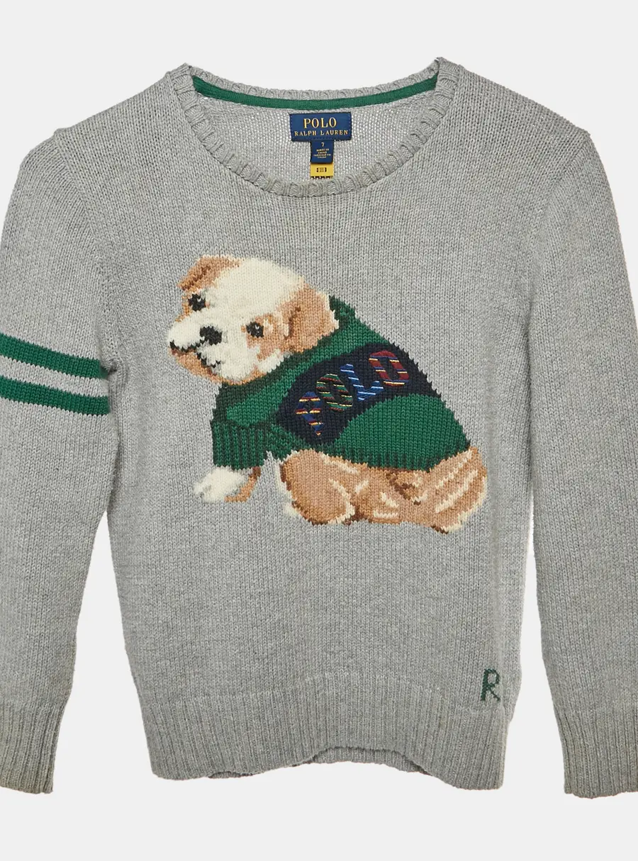 Polo Ralph Lauren Kids Grey Dog Intarsia Cotton Knit Jumper 7 Yrs