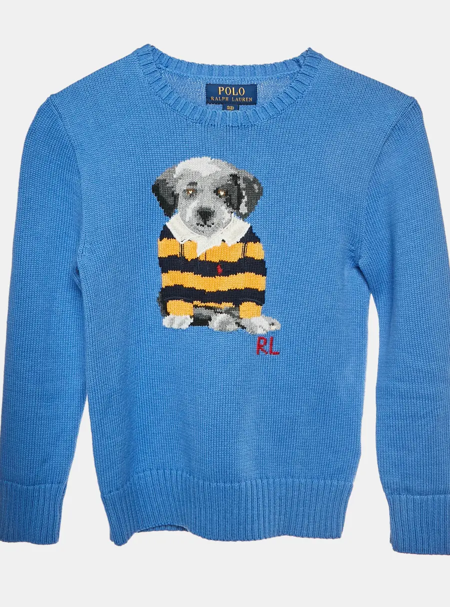 Polo Ralph Lauren Kids Blue Dog Intarsia Cotton Knit Jumper 8 Yrs