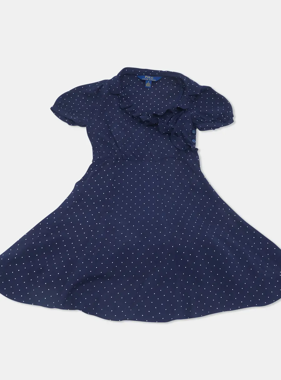 Polo Ralph Lauren Kids Navy Blue Polka Dot Crepe Dress 6 Yrs