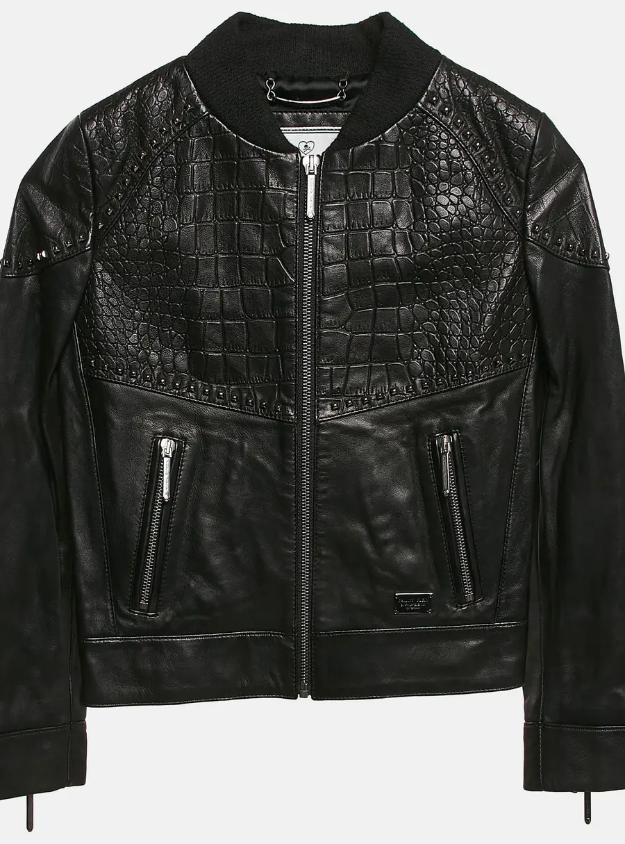 Philipp Plein Junior Black Crocodile Textured Leather Stud Detail Biker Jacket 8 Yrs