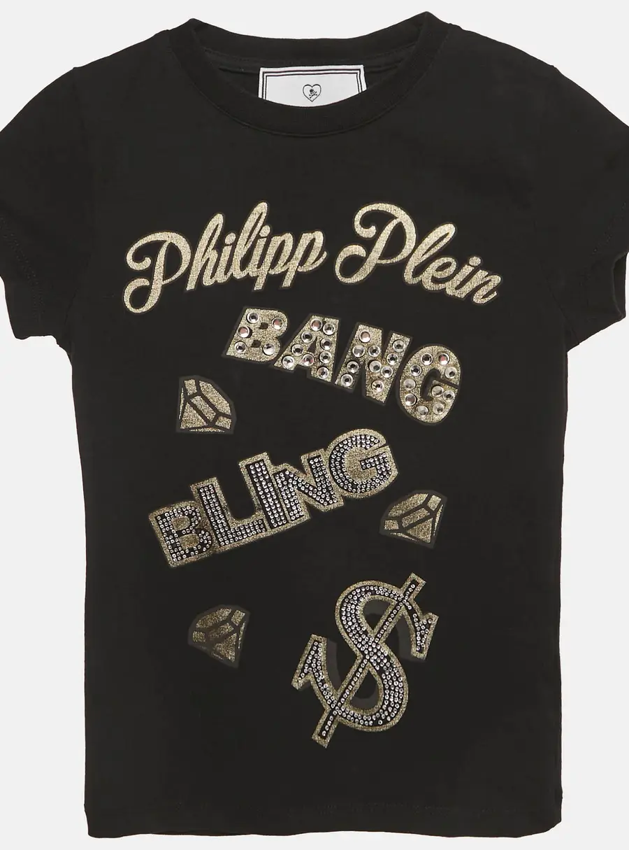 Philipp Plein Junior Black Printed Cotton Stud Detail T-Shirt 6 Yrs