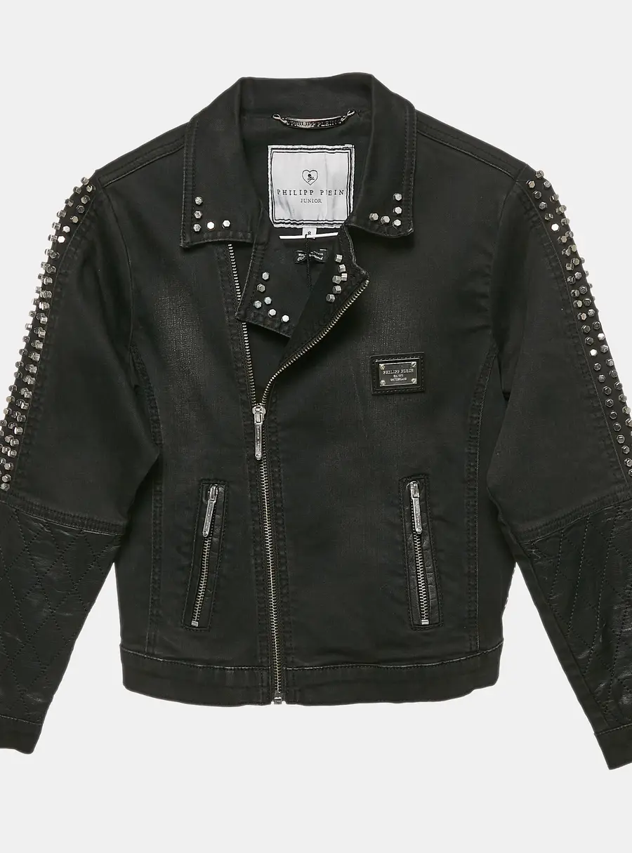 Philipp Plein Junior Black Studded Faux Leather Denim Jacket 8 Yrs