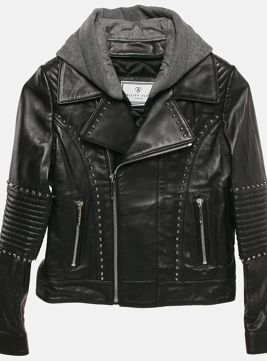 : Philipp Plein Junior Black Studded Leather Detachable Hood Biker Jacket 8 Yrs