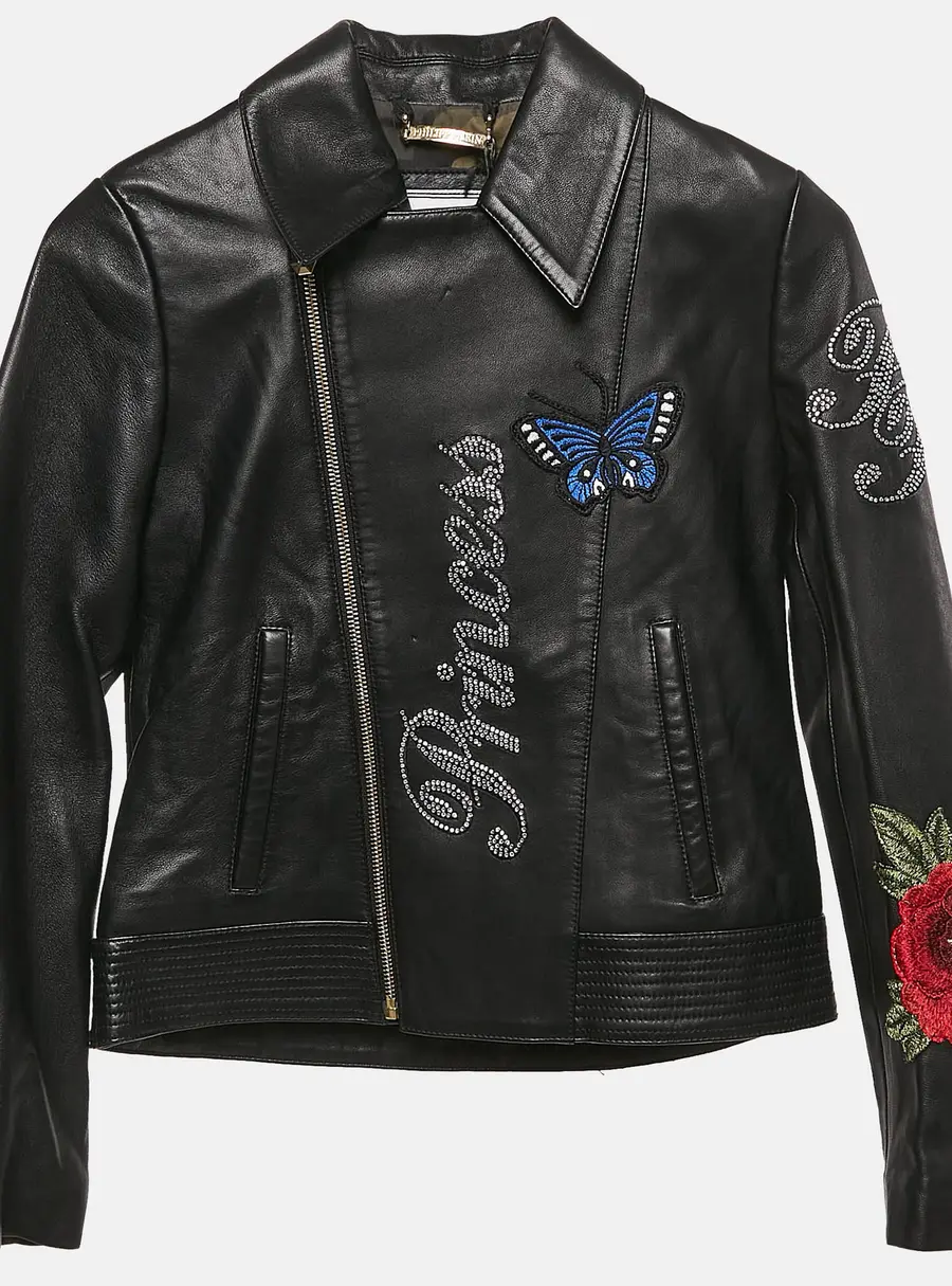 Philipp Plein Junior Black Applique Leather Detail Zip-Up Jacket 8 Yrs