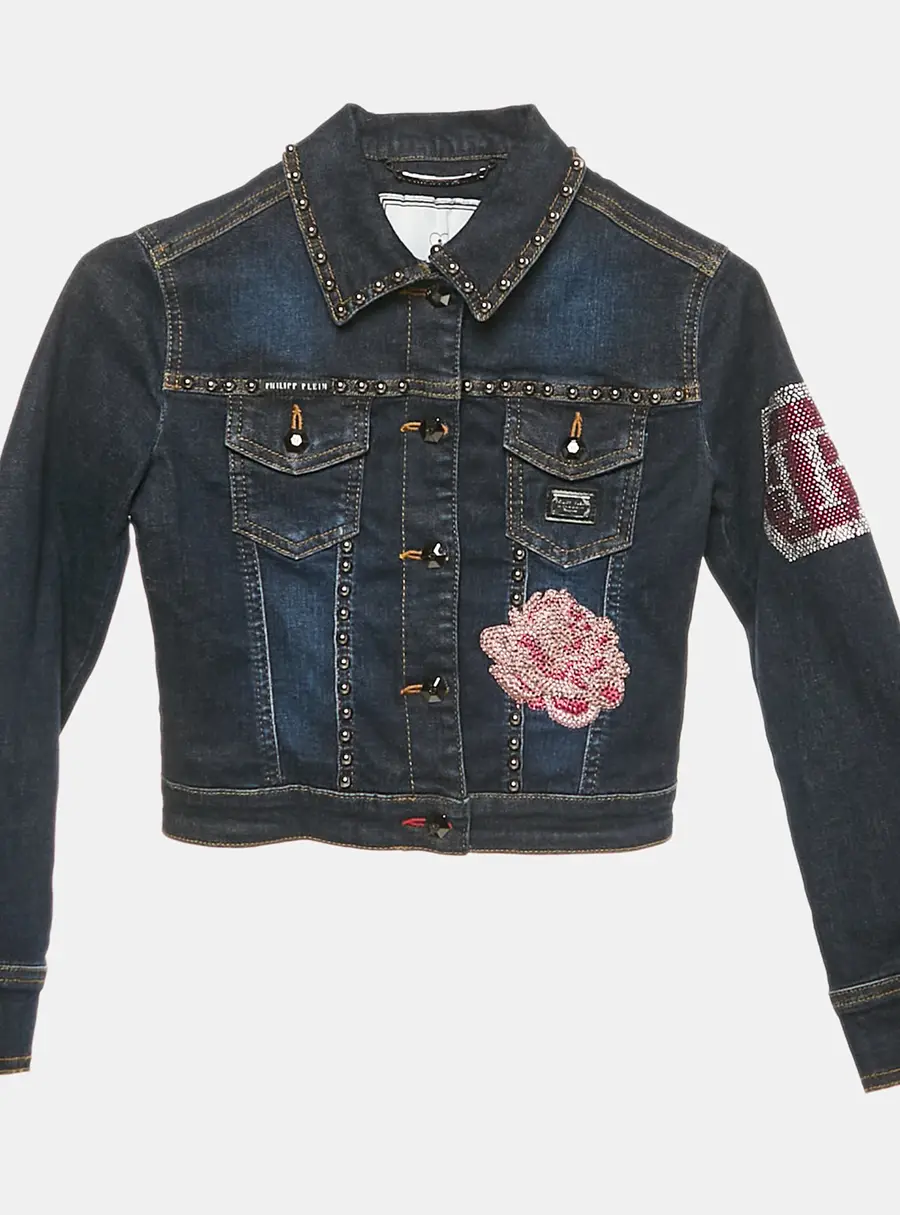 Philipp Plein Junior Navy Blue Embellished Denim Carla Jacket 6 Yrs