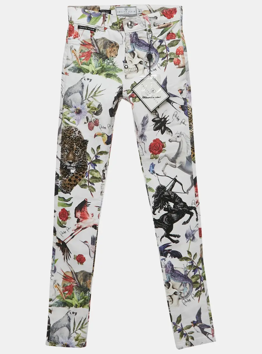 Philipp Plein Junior White Jungle Print Denim Studded Jeans 10 Yrs Waist 23"