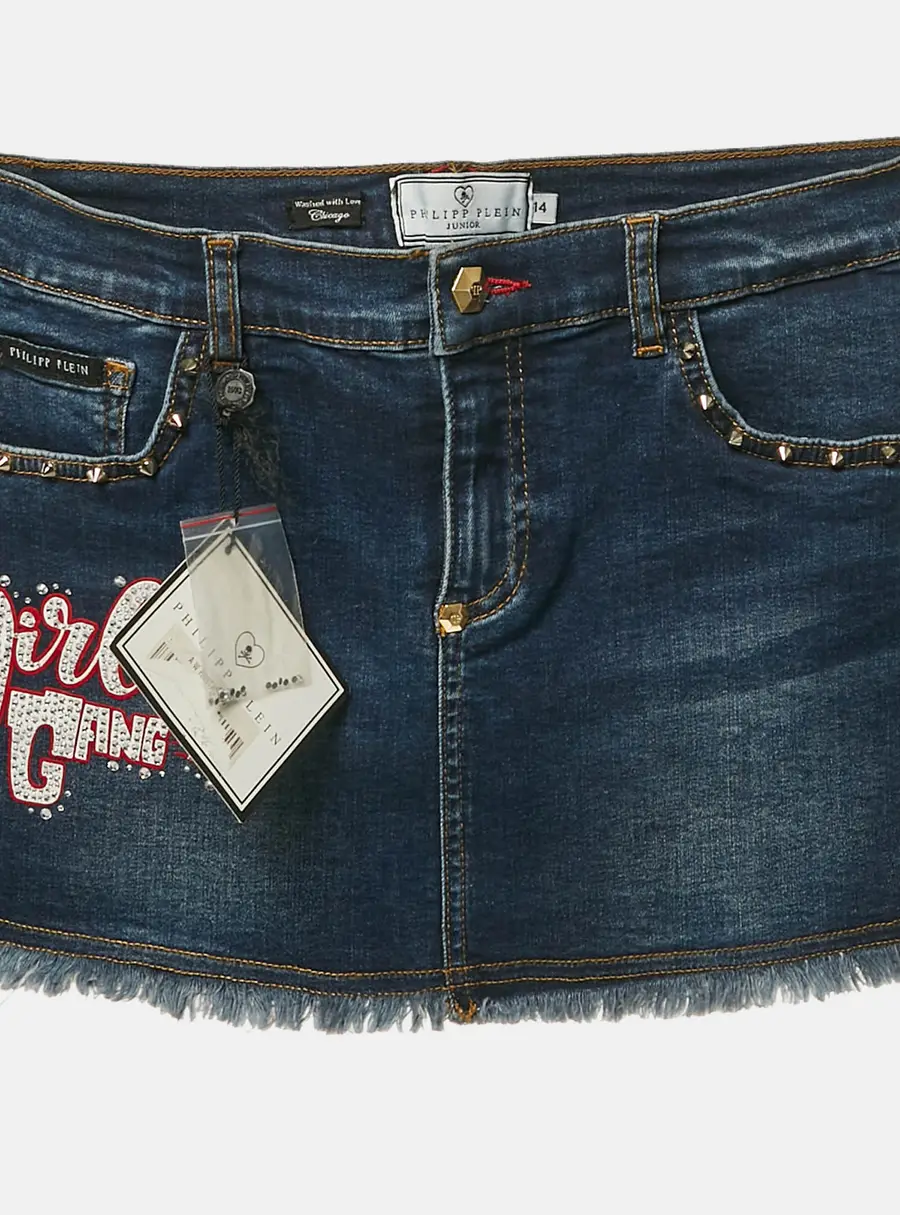 Philipp Plein Blue Studded Denim Raw Edge Skirt 14 Yrs