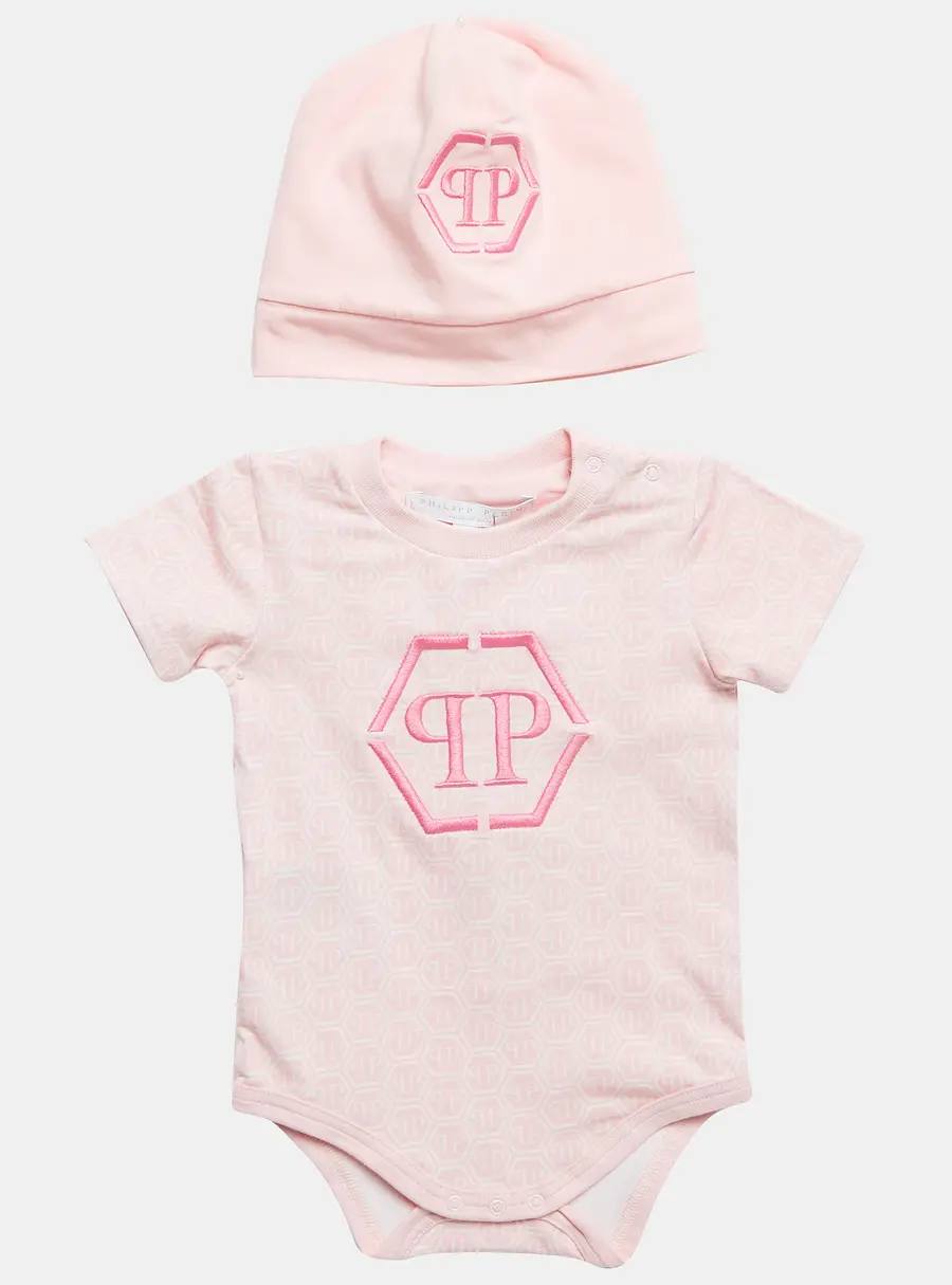 Philipp Plein Kids Pink Printed Jersey Romper and Cap Set 6-9M