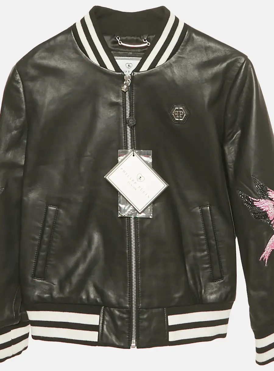 Philipp Plein Kids Black Flamingo Rhinestone Leather Jacket 8 Yrs