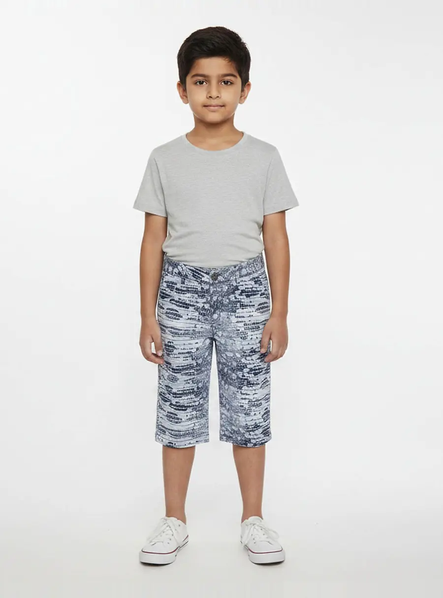 Roberto Cavalli Kids Blue Lizard Print Gabardine Bermuda Shorts L