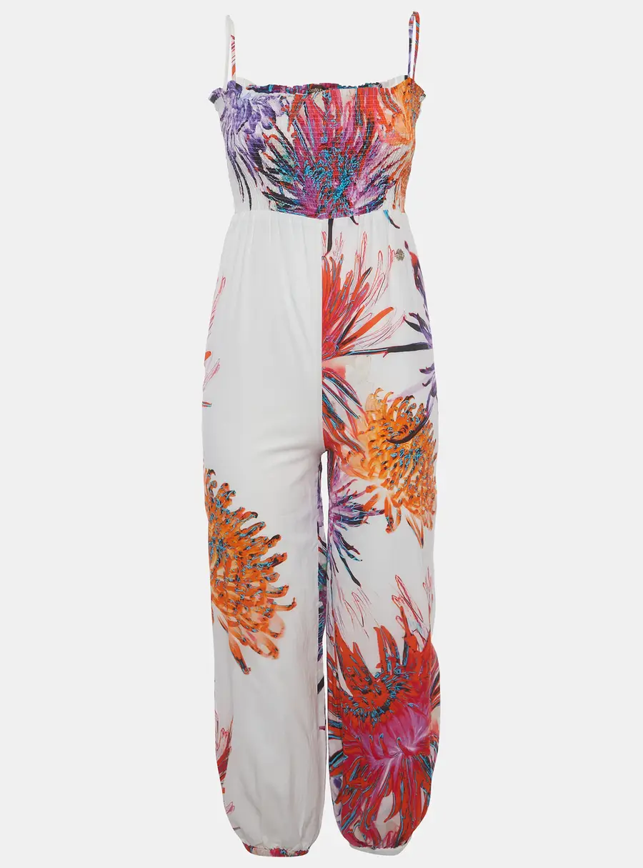 Roberto Cavalli Kids White Floral Print Cotton Smocked Jumpsuit 10 Yrs