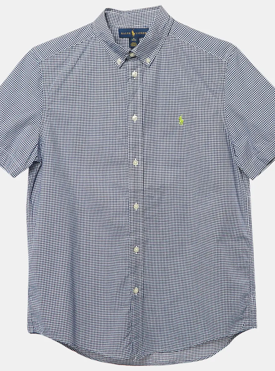 Ralph Lauren Navy Blue Gingham Cotton Short Sleeve Shirt XL 18-20 Yrs