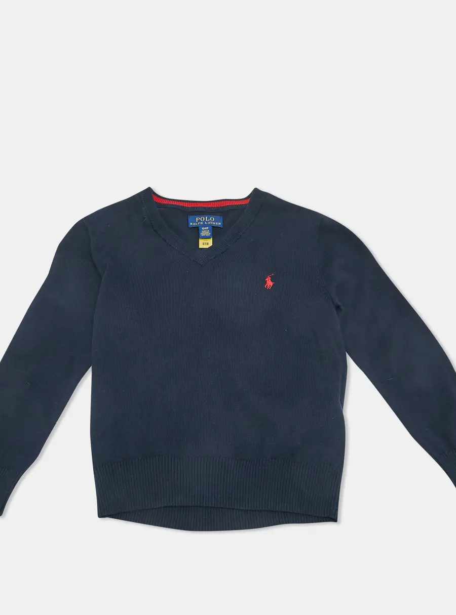 Ralph Lauren Kids Navy Blue Wool V-Neck Sweater 4Yrs