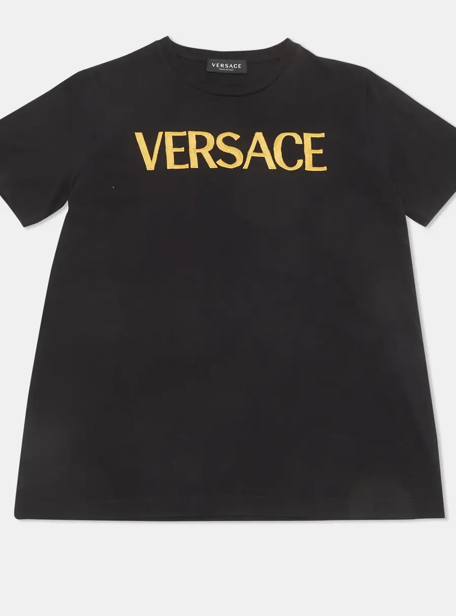Versace Kids Black Logo Embroidered Cotton T-Shirt 12 Yrs