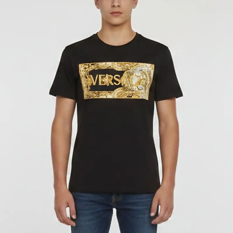 Versace Black Logo Embroidered Barocco Frame Patch T-Shirt 14Yrs