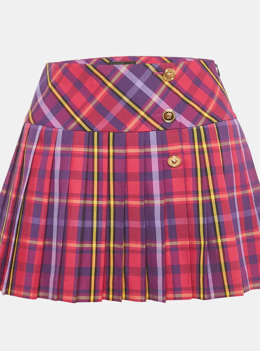 Versace Purple/Multicolor Plaid Cotton Blend Pleated Skirt 10 Yrs